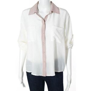 CHELSEA FLOWER Multi Colored Silk Long Sleeve Crew Neck Button Down Blouse Sz M